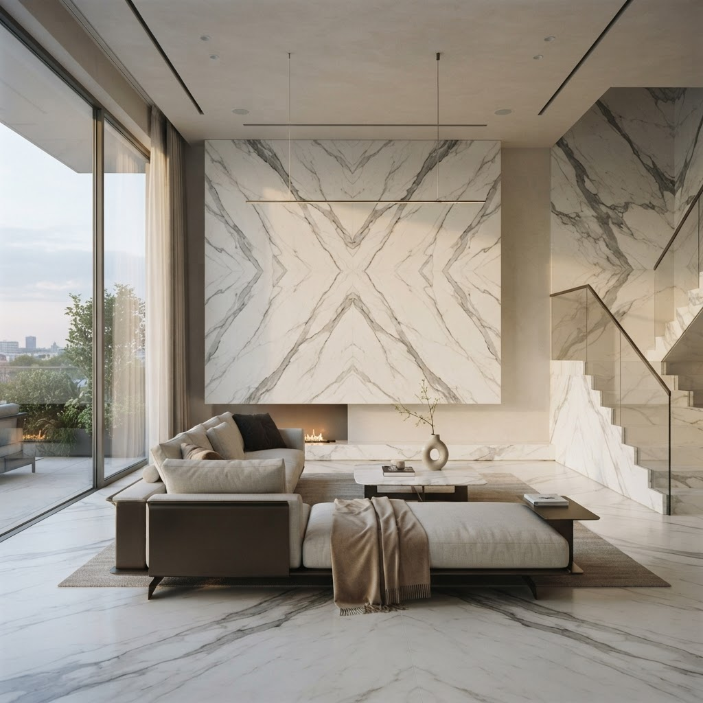 Luxury interior clad in premium Statuario marble with dramatic grey veining