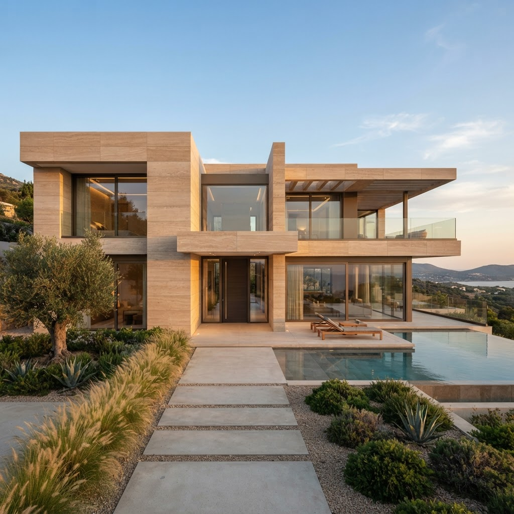 Moca Cream limestone used as exterior facade cladding on a modern villa