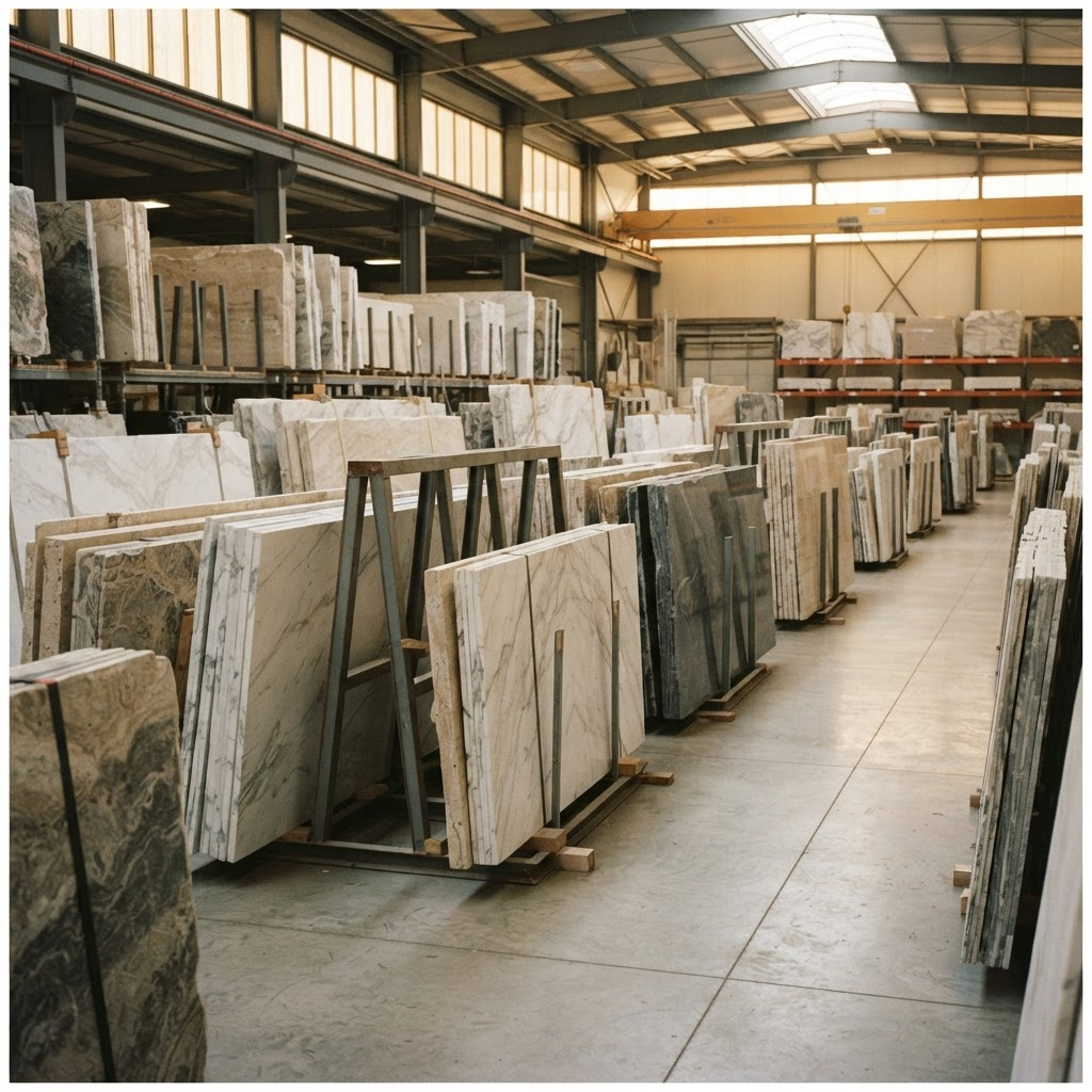 Rows of premium marble and limestone slabs in the Gangwal Group stone warehouse