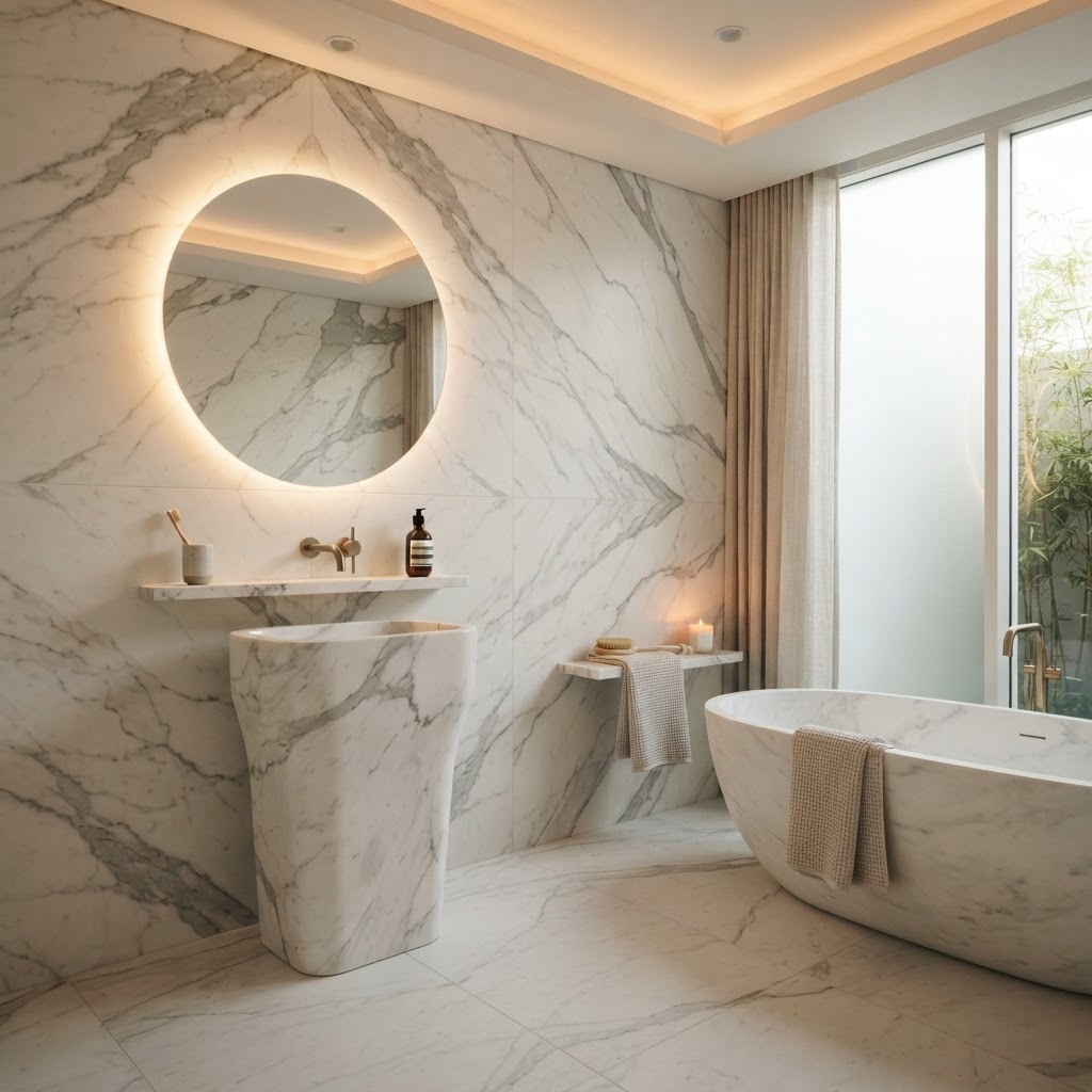 Statuario marble applied as bookmatched feature wall in a luxury bathroom